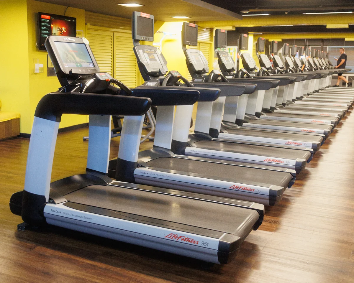Fileira de esteiras da área de cardio real da The Best