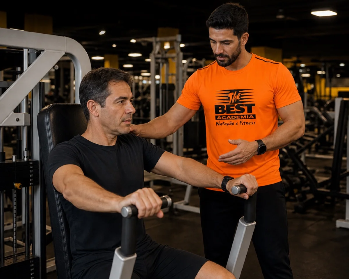 Professor acompanhando aluno adulto durante exercício de musculação na The Best