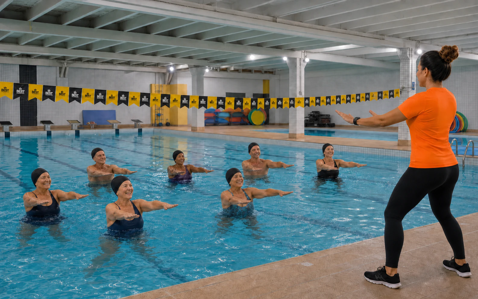 Turma adulta com toucas de natação participa de aula de hidroginástica na piscina da The Best, orientada por professora na borda