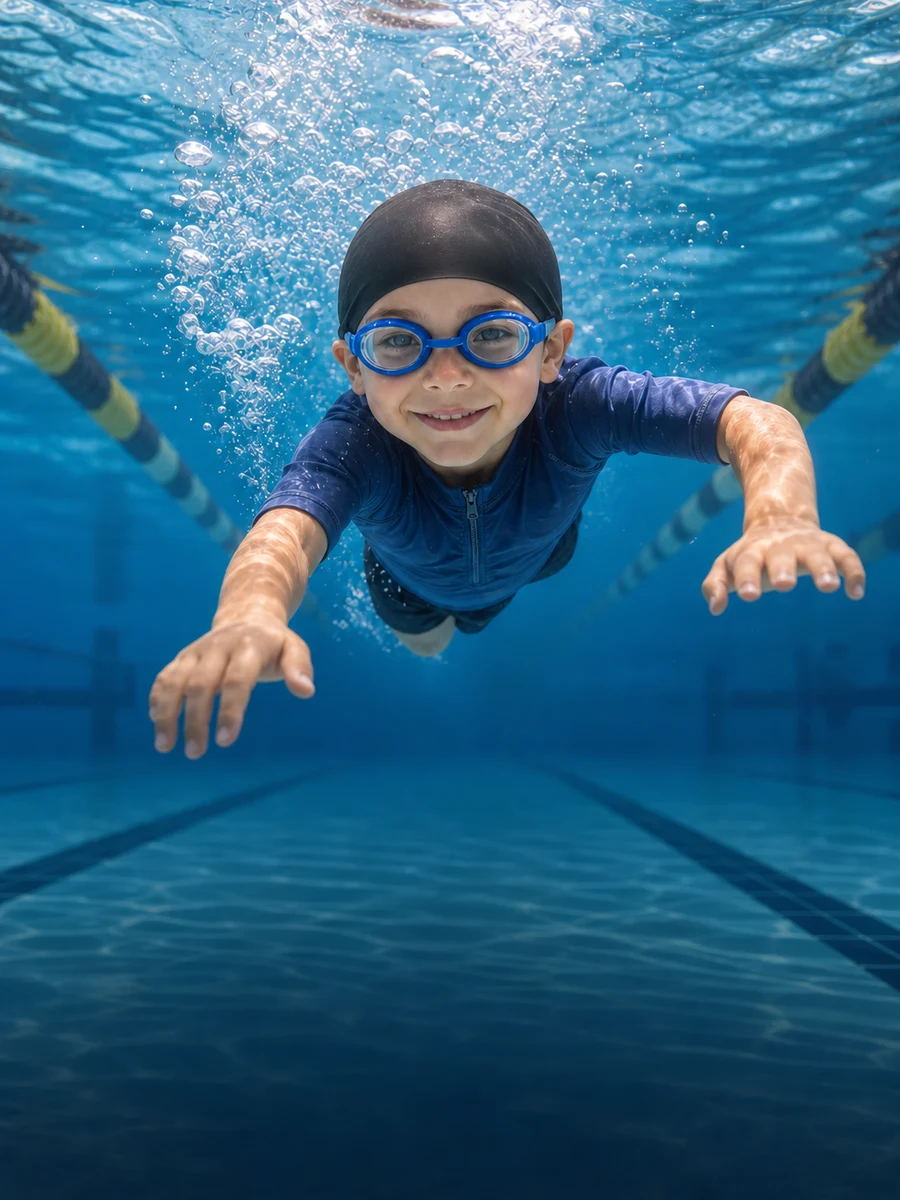 Criança nada com autonomia em uma piscina com raias