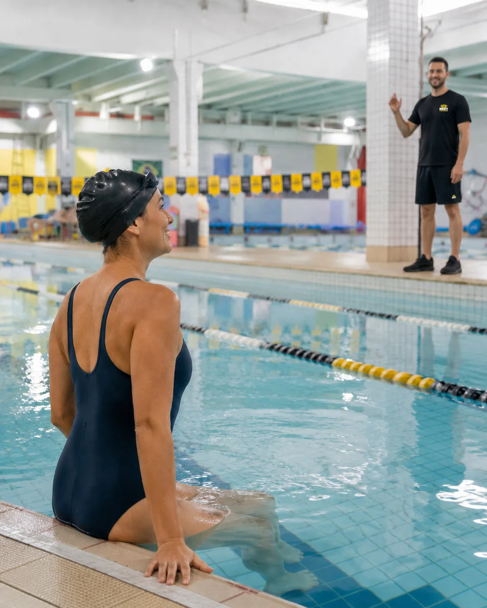 Professor uniformizado orientando uma aluna adulta na piscina da The Best