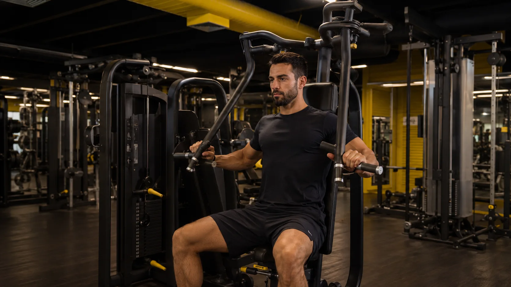 Salão de musculação da The Best, com equipamentos pretos e detalhes amarelos