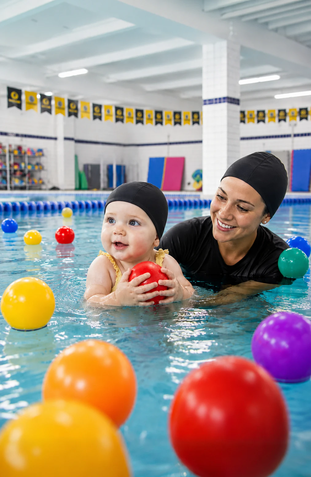 Bebê e professora com toucas pretas dentro da piscina da área aquática infantil da The Best